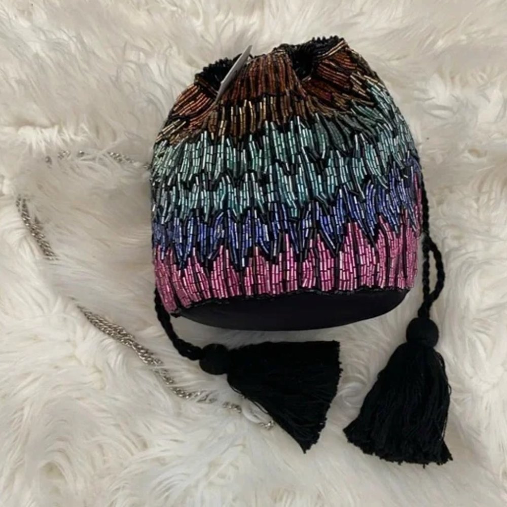 Beaded Bucket Drawstring Bag Purse Crossbody Hand Embellished